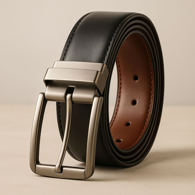 Cinto Masculino Dupla Face em Couro com Fivela Giratória Reversível Social Casual Confortável